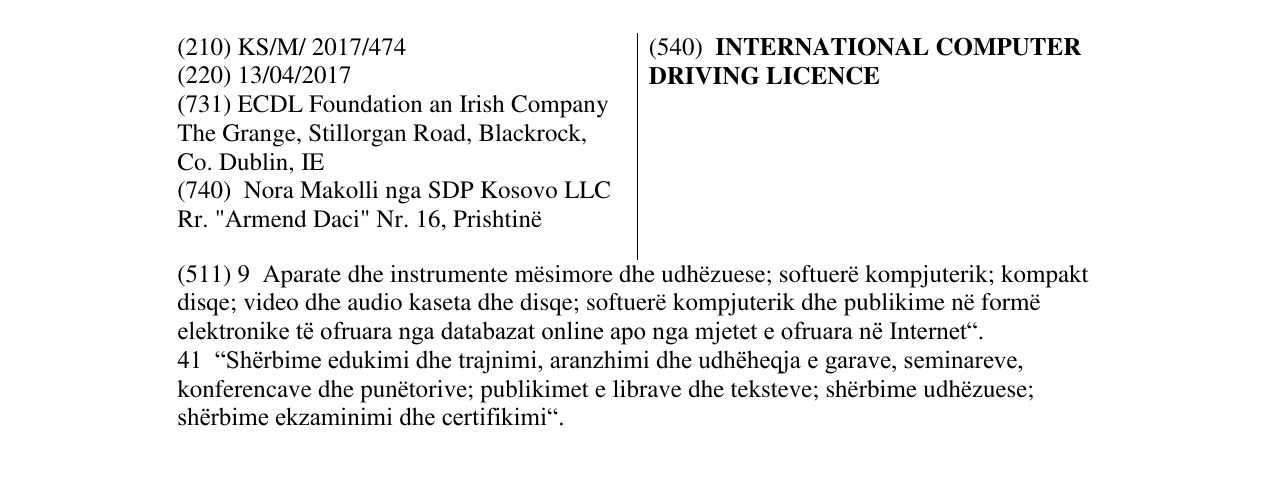 Zëri i markës INTERNATIONAL COMPUTER DRIVING LICENCE në buletin