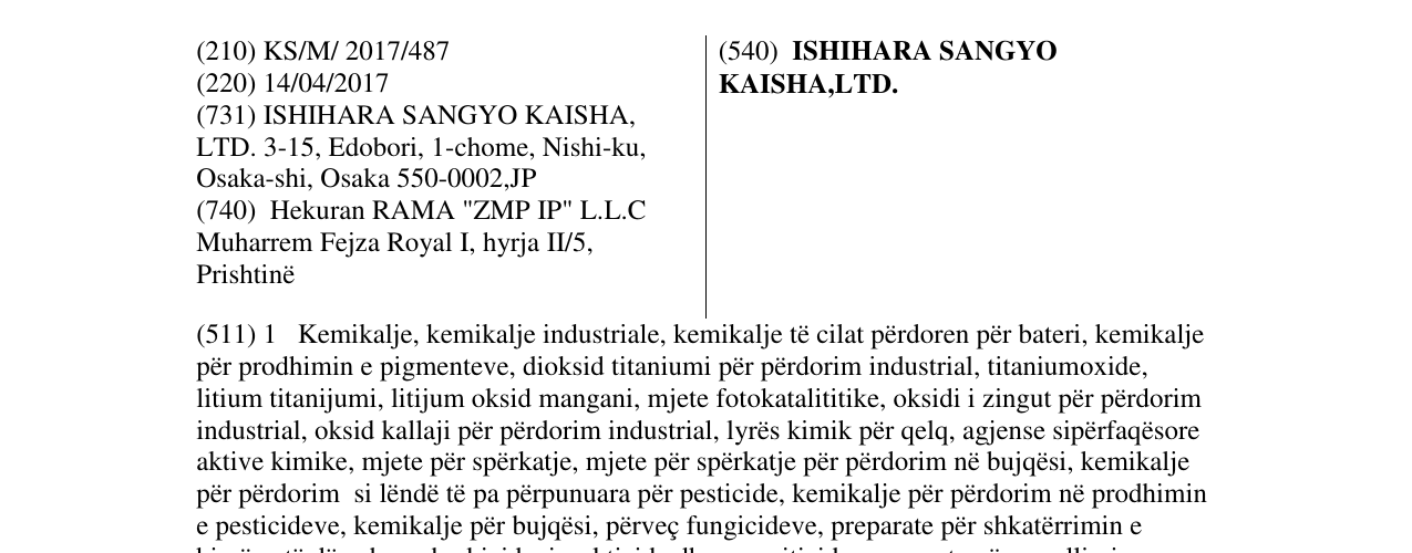 Zëri i markës ISHIHARA SANGYO KAISHA,LTD. në buletin