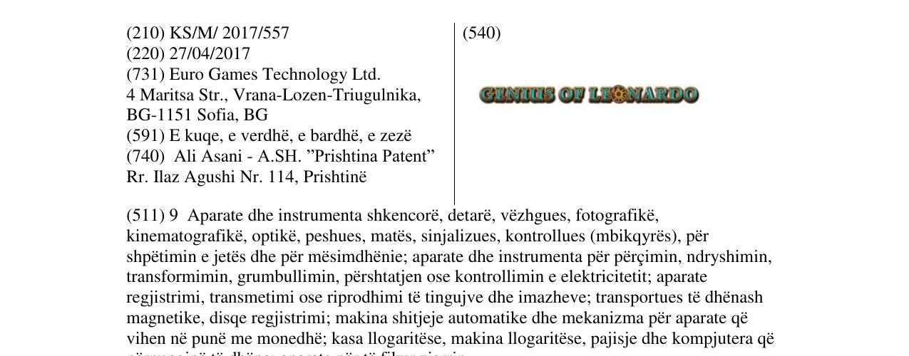 Zëri i markës GENIUS OF LEONARDO në buletin