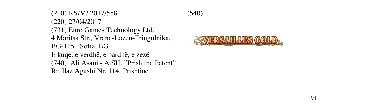 Zëri i markës VERSAILLES GOLD në buletin