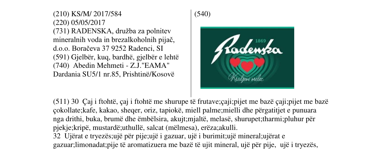 Zëri i markës RADENSKA në buletin