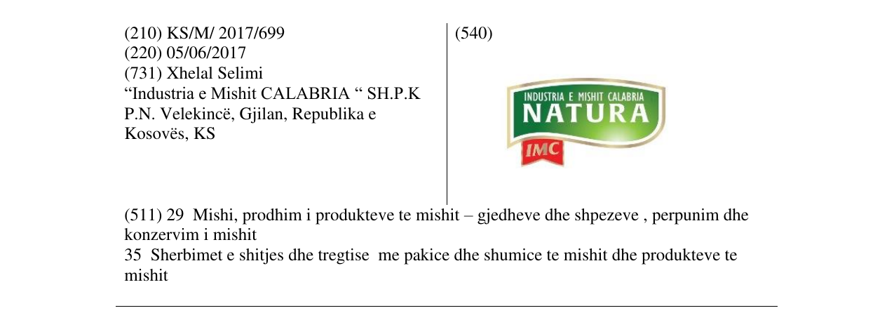 Zëri i markës Industria e mishit Calabria NATURA IMC në buletin
