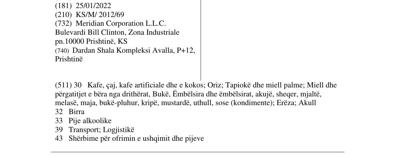 Zëri i markës Meridian Drinks në buletin