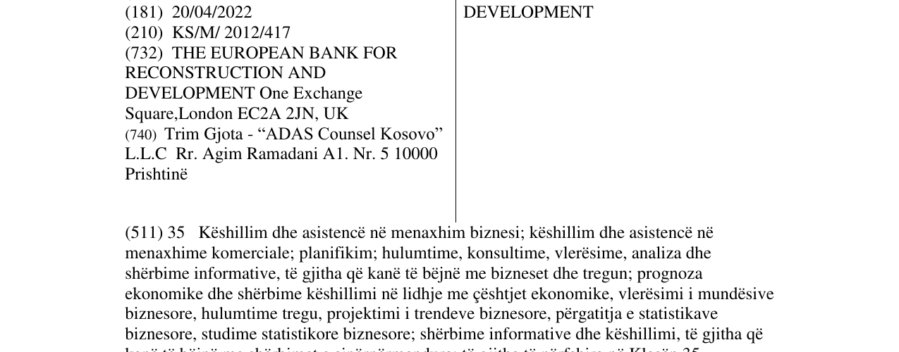 Zëri i markës EUROPEAN BANK FOR RECONSTRUCTION AND DEVELOPMENT në buletin