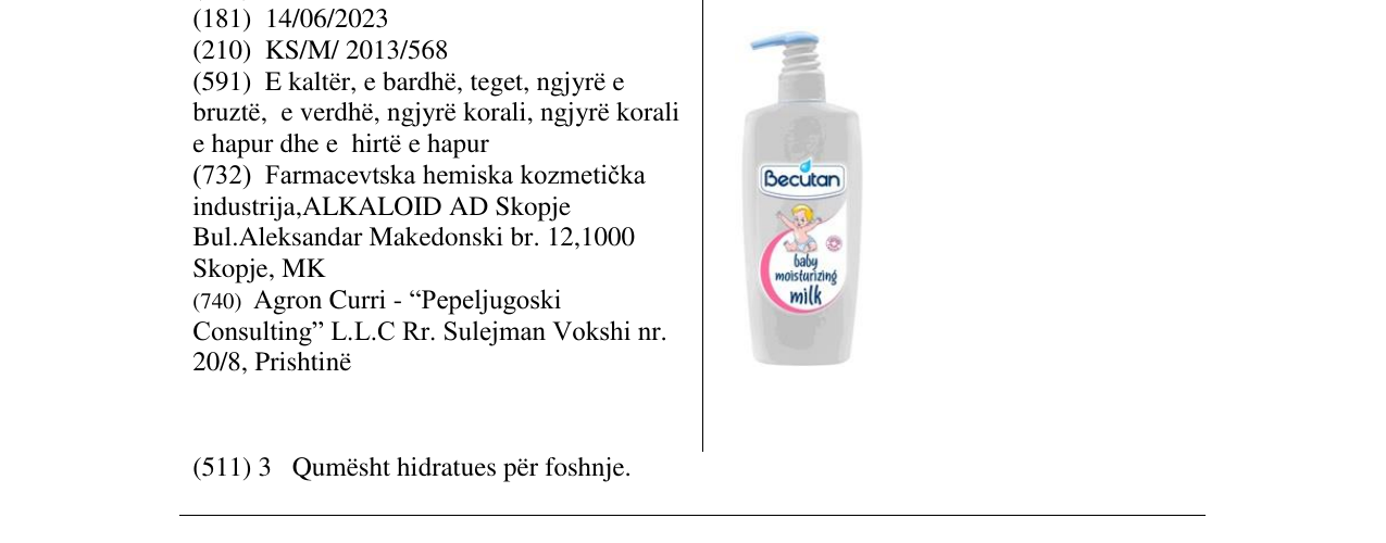 The entry of the trademark Becutan in the bulletin