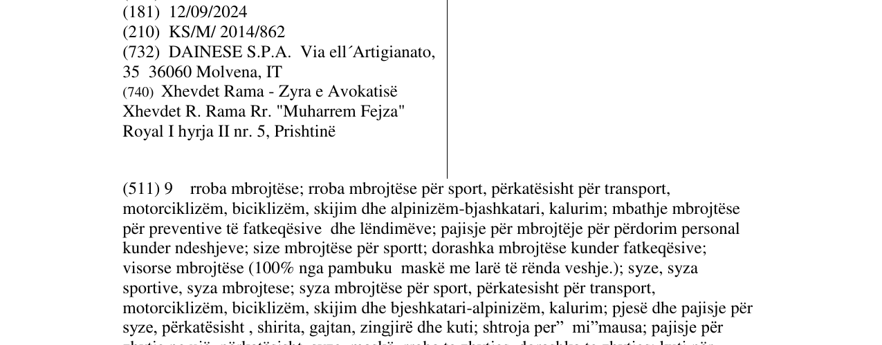 Zëri i markës DAINESE në buletin