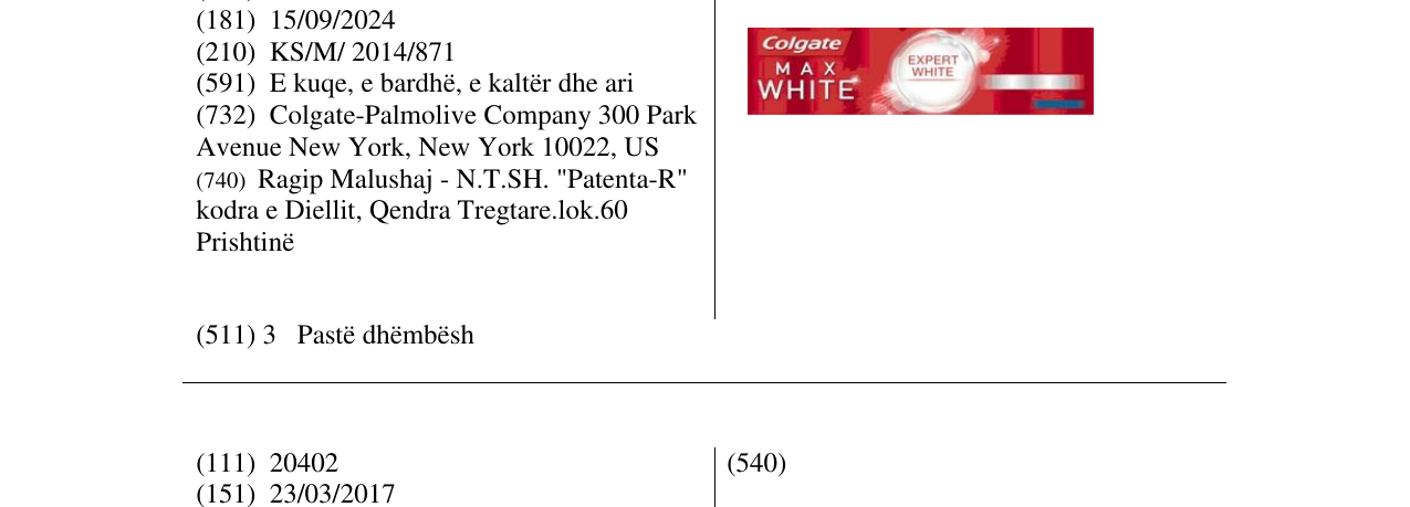 Zëri i markës Colgate MAX WHITE në buletin