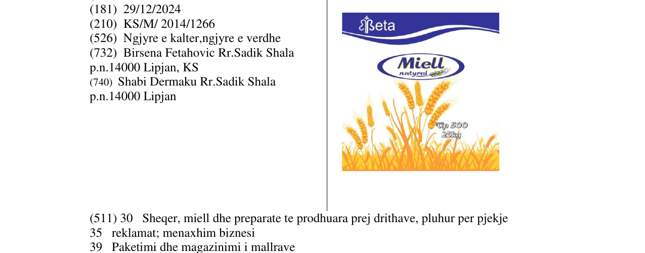 Zëri i markës Beta Miell natyral në buletin