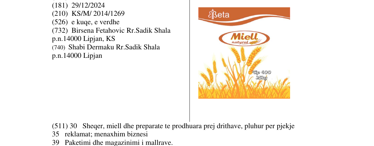 Zëri i markës Miell Beta natyral në buletin