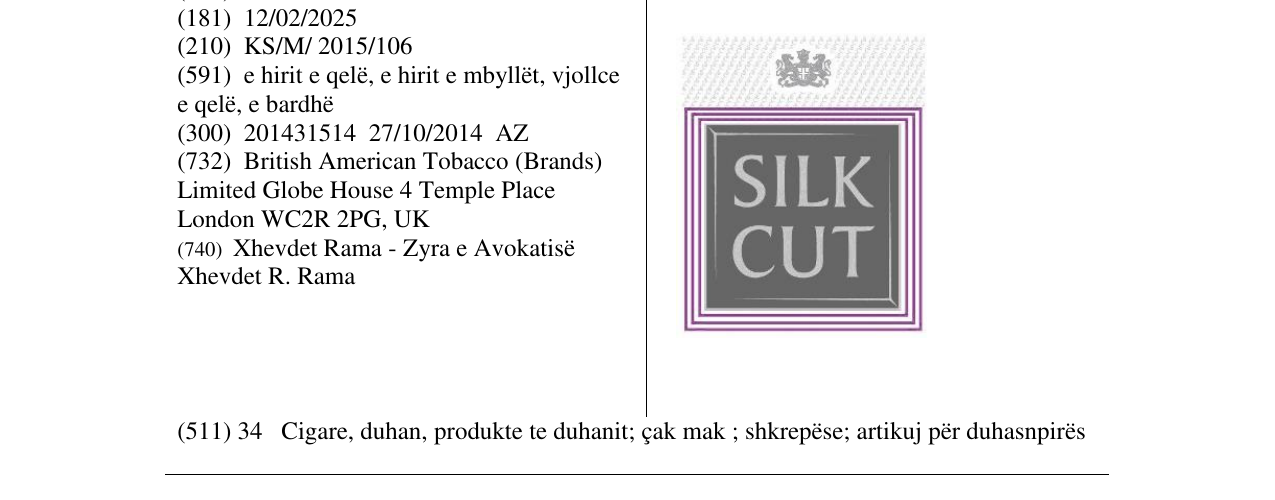 Zëri i markës SILK CUT në buletin