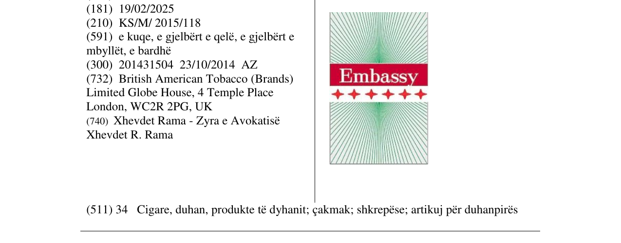 Zëri i markës Embassy në buletin