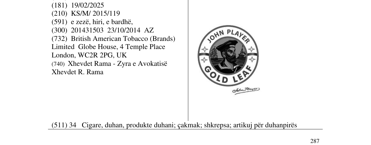 Zëri i markës JOHN PLAYER GOLD LEAF në buletin