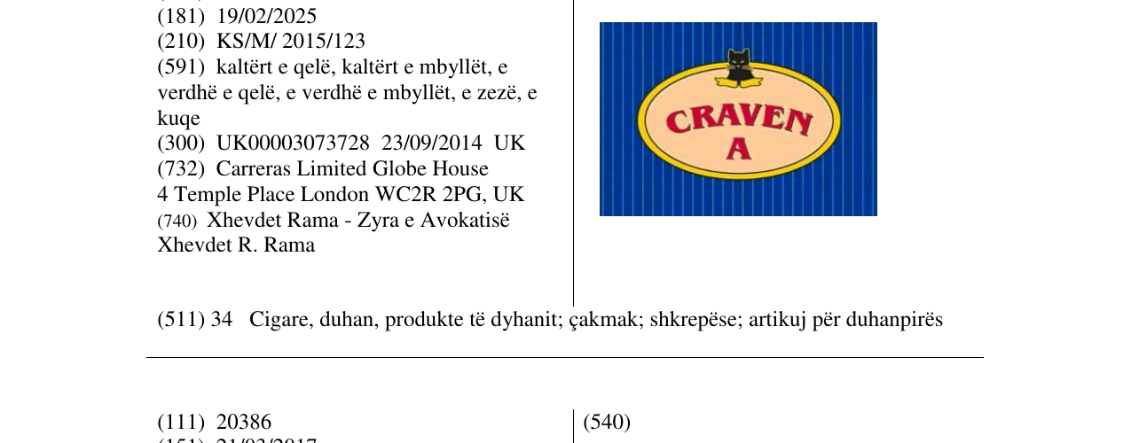 Zëri i markës CRAVEN A në buletin