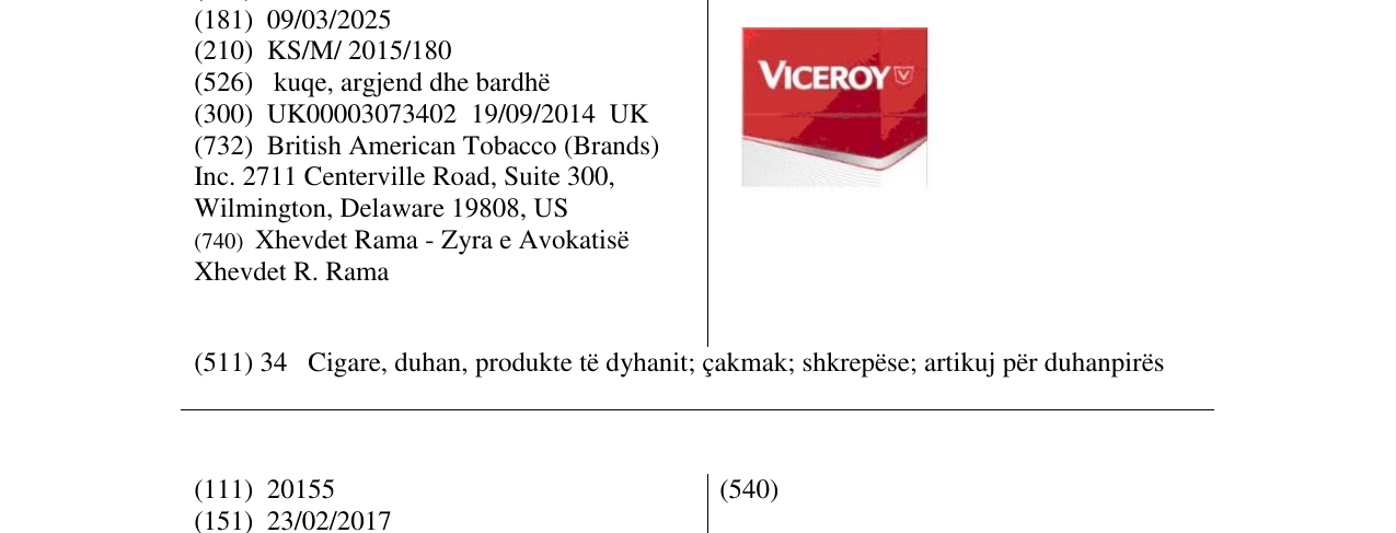 Zëri i markës Viceroy në buletin