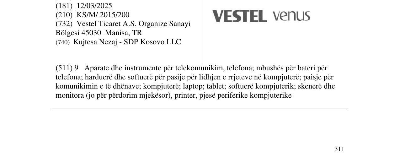 Zëri i markës VESETEL vENUS në buletin