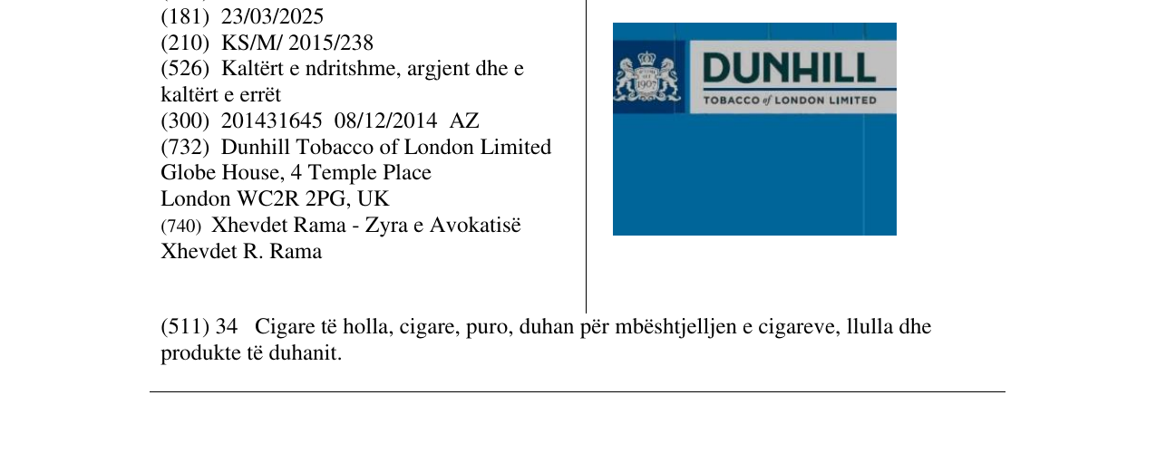 Zëri i markës DUNHILL në buletin