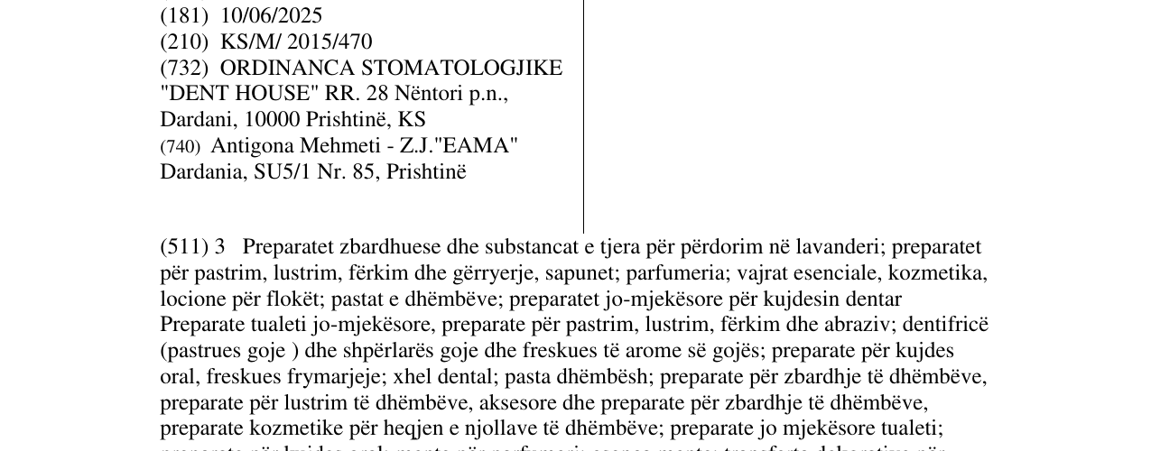 Zëri i markës DENT HOUSE në buletin
