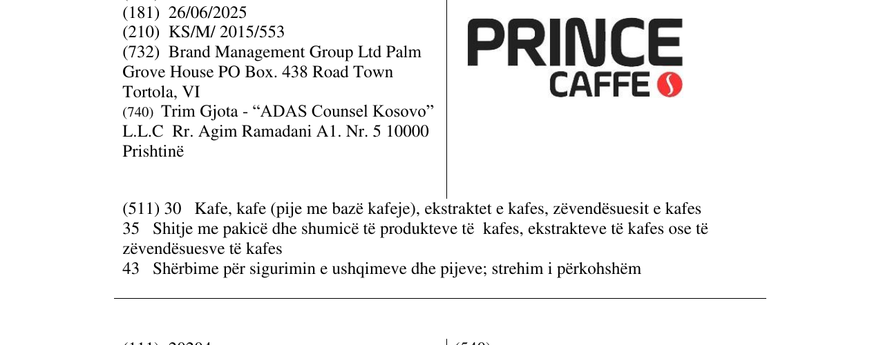 Zëri i markës PRINCE CAFFE në buletin