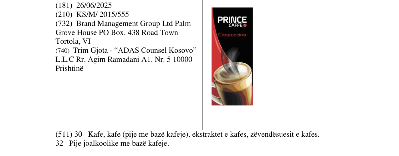 Zëri i markës PRINCE CAFFE në buletin