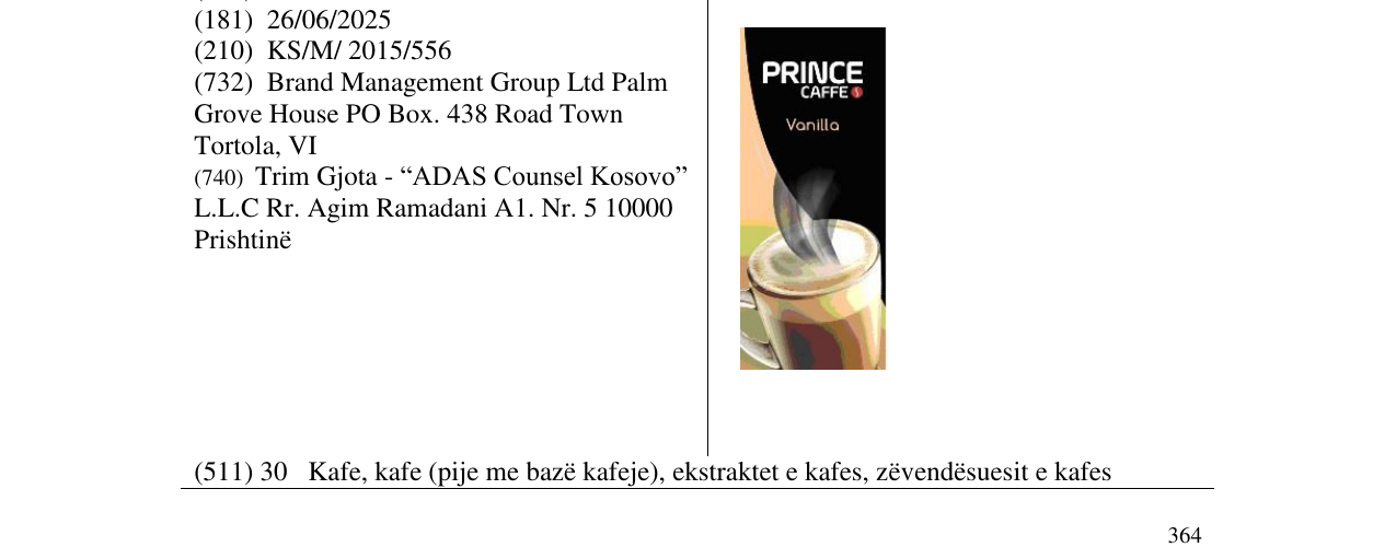 Zëri i markës PRINCE CAFFE VANILLO në buletin
