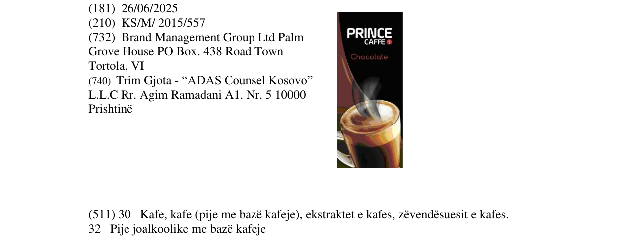 Zëri i markës PRINCE CAFFE Chocolate në buletin