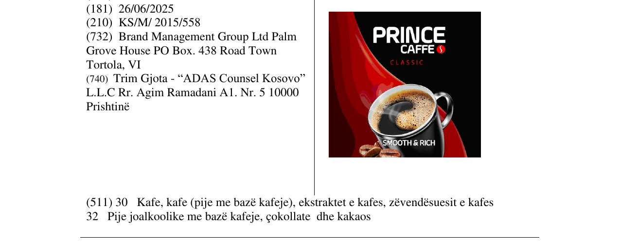 Zëri i markës PRINCE CAFFE classice në buletin