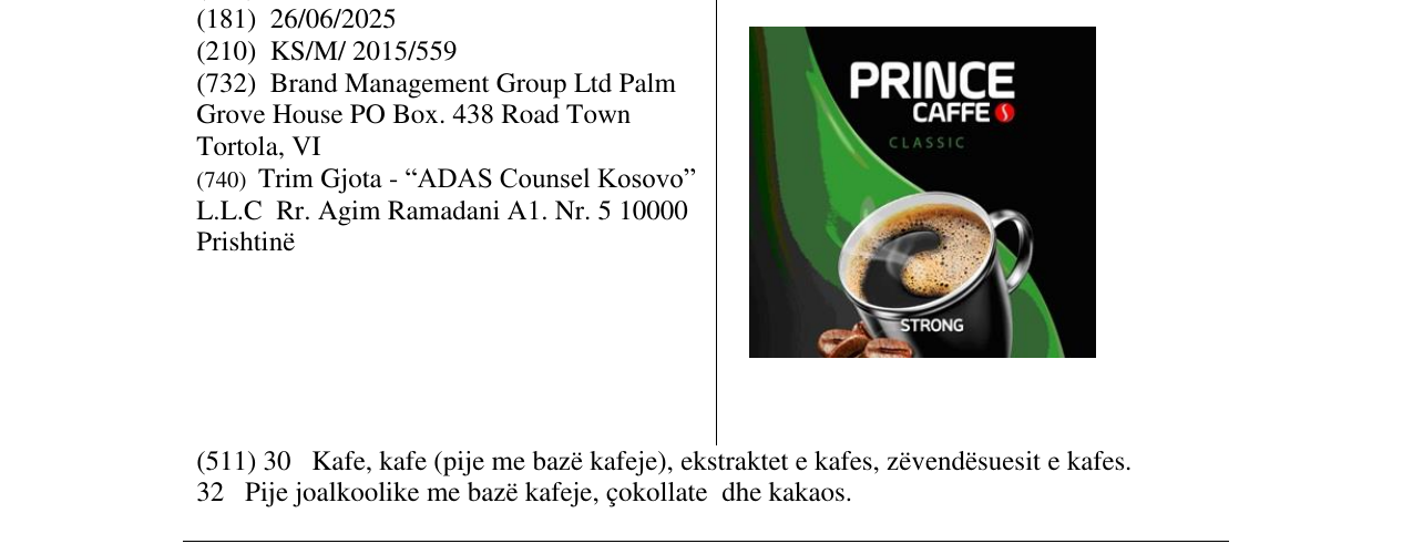 Zëri i markës PRINCE CAFFE CLASSIC në buletin
