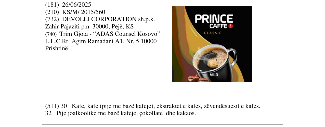 Zëri i markës PRINCE CAFFE CLASSIC në buletin
