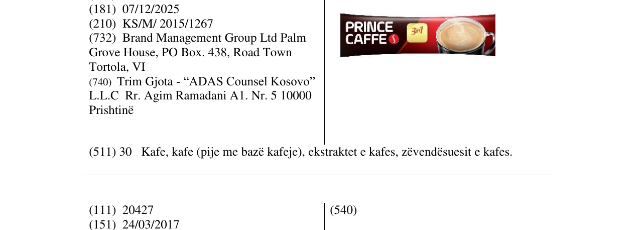 Zëri i markës PRINCE CAFFE 3in1 në buletin