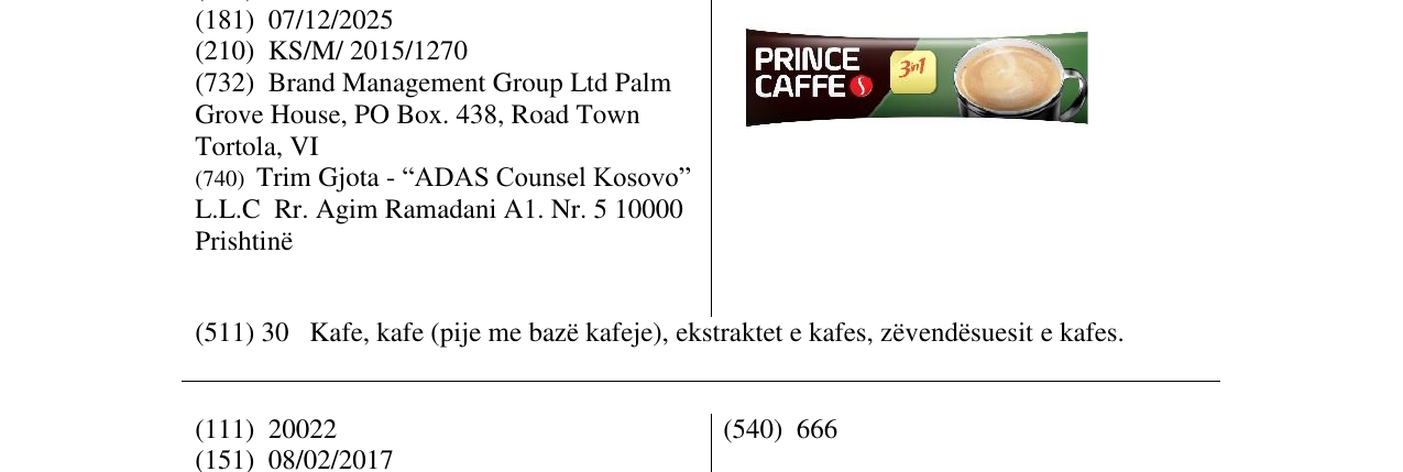 Zëri i markës PRINCE CAFFE 3in1 në buletin