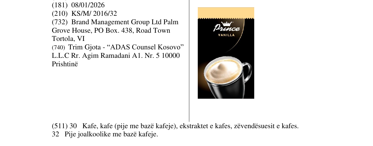 Zëri i markës Prince VANILA në buletin
