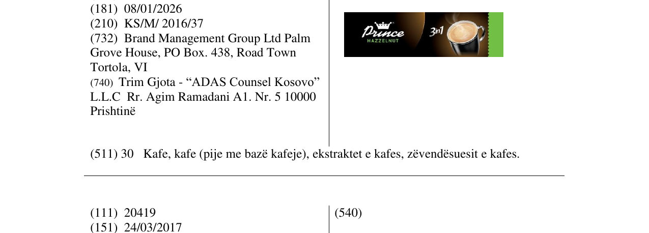 Zëri i markës Prince HAZZELNUT 3in1 në buletin