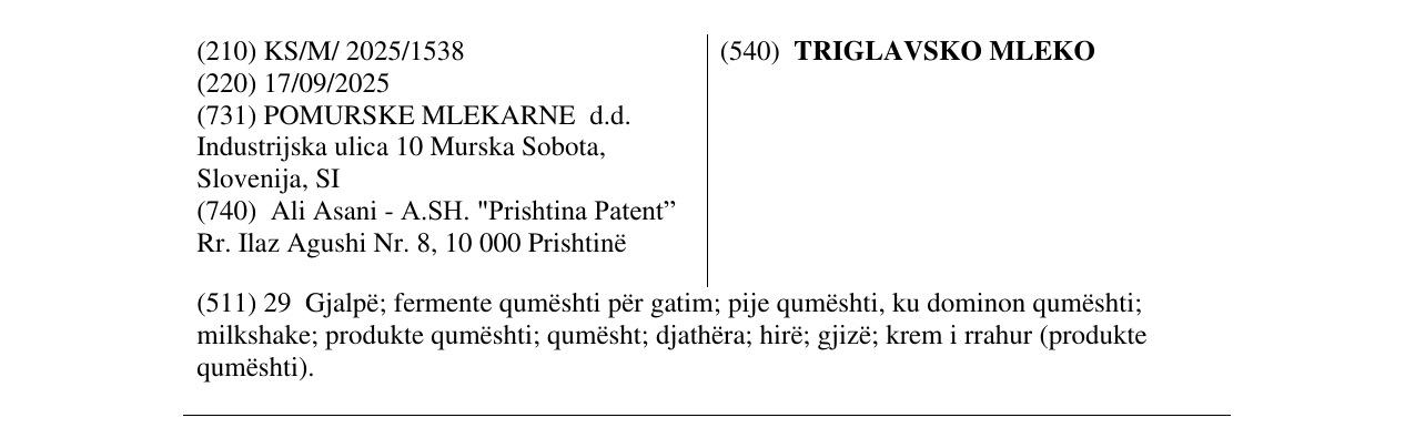 Zëri i markës TRIGLAVSKO MLEKO në buletin