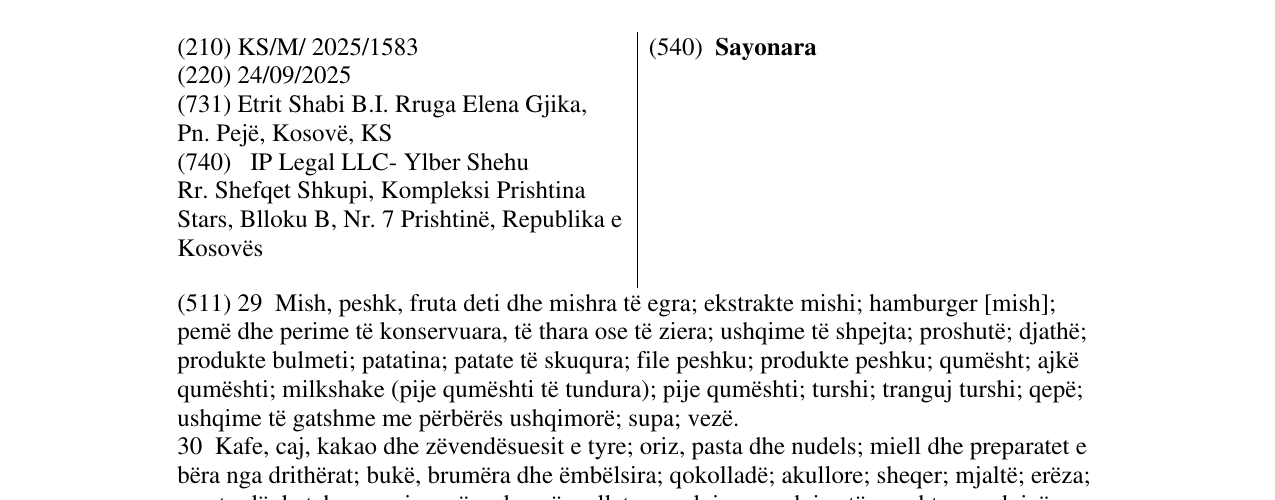 Zëri i markës Sayonara në buletin