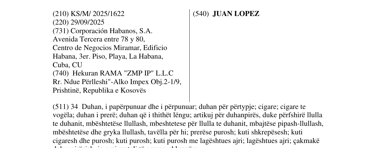 Zëri i markës JUAN LOPEZ në buletin