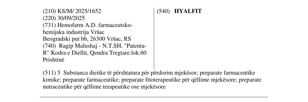 Zëri i markës HYALFIT në buletin