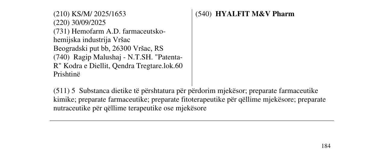 Zëri i markës HYALFIT M&V Pharm në buletin