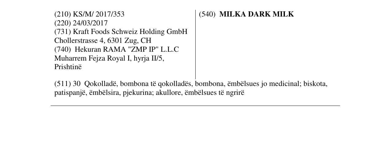 Zëri i markës MILKA DARK MILK në buletin