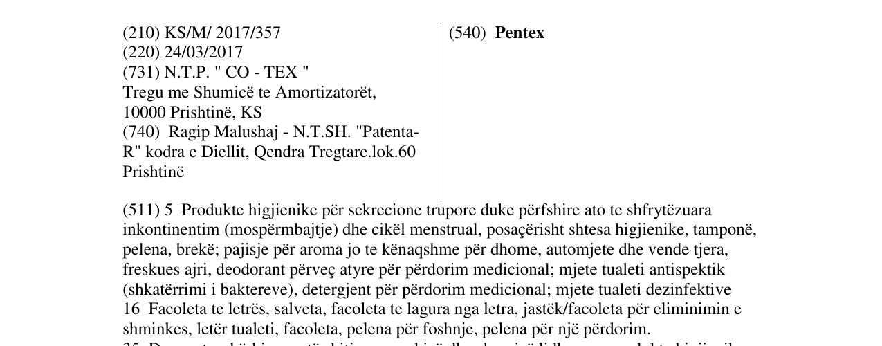 Zëri i markës Pentex në buletin
