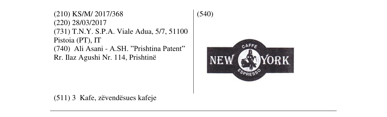 Zëri i markës NEW CAFFE ESPRESSO YORK në buletin