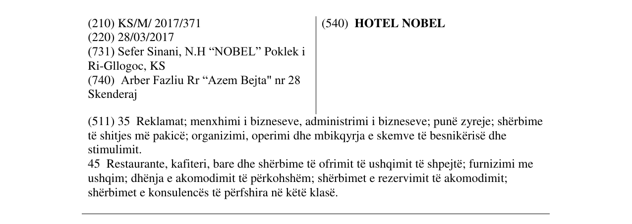 Zëri i markës HOTEL NOBEL në buletin