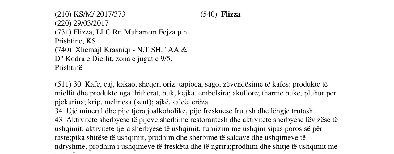 Zëri i markës Flizza në buletin