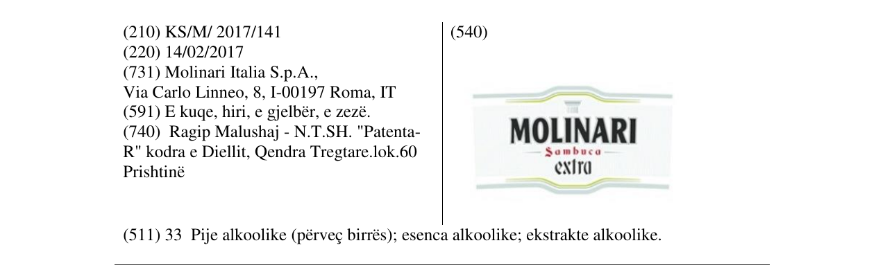Zëri i markës MOLINARI Sambuca extra në buletin