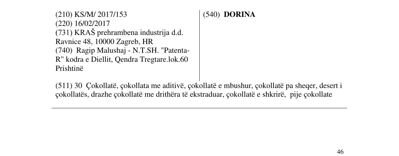 Zëri i markës DORINA në buletin