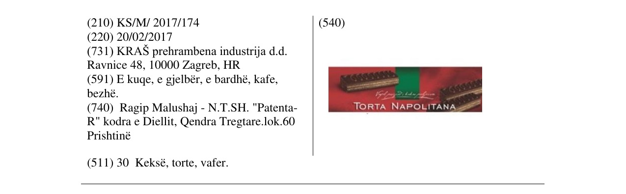 Zëri i markës TORTA NAPOLITANKA në buletin