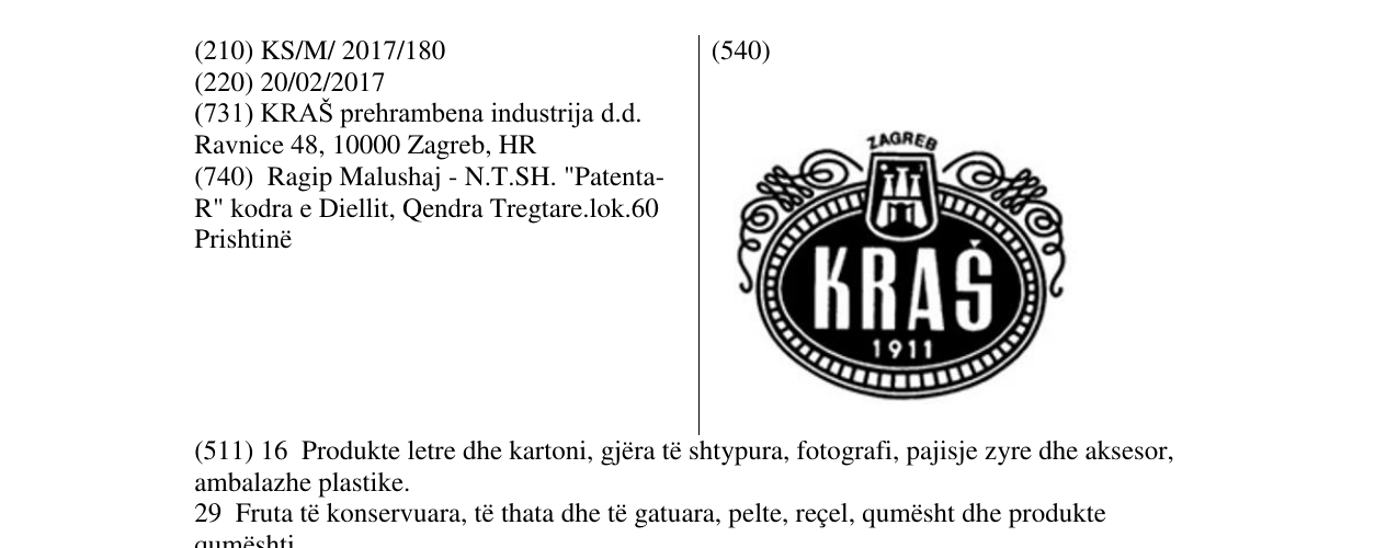 Zëri i markës KRAS 1911 ZAGREB në buletin
