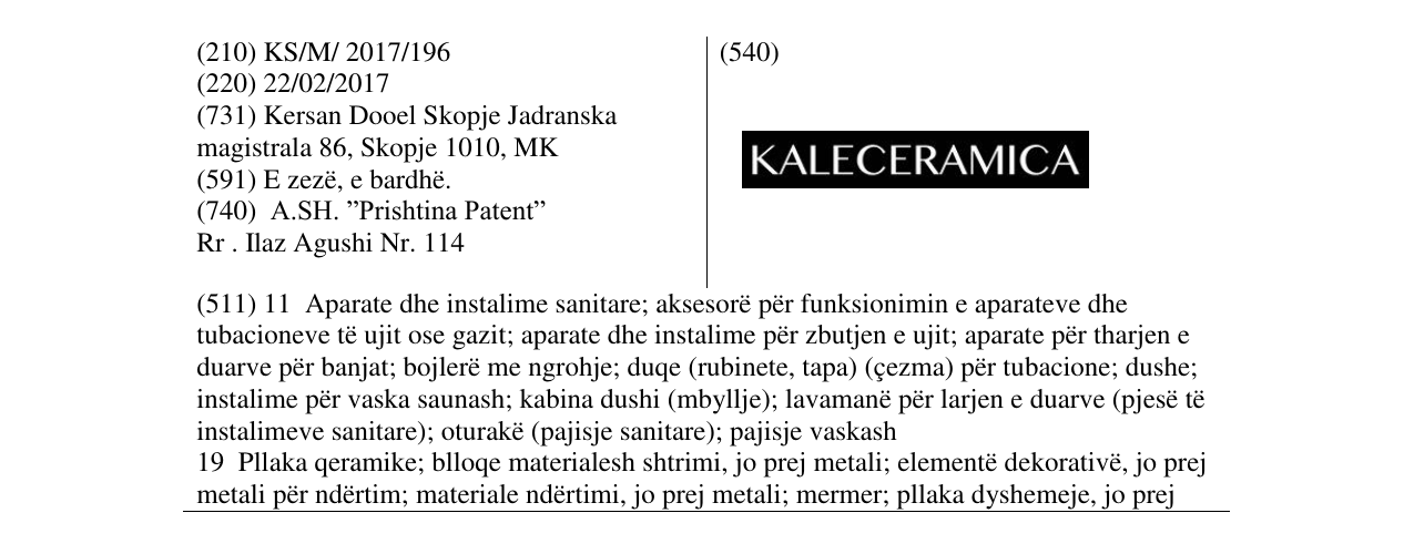 Zëri i markës KALECERAMICA në buletin