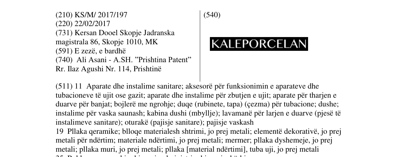 Zëri i markës KALEPORCELAN në buletin