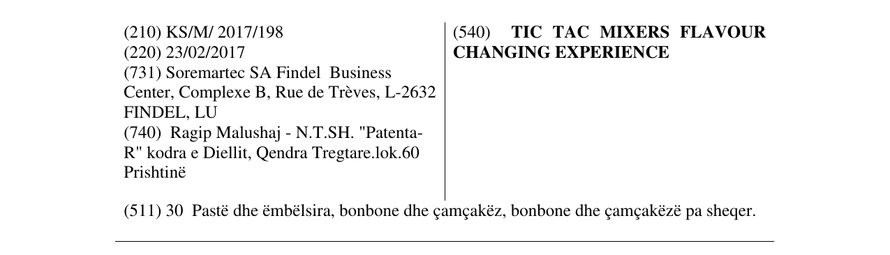 Zëri i markës TIC TAC MIXERS FLAVOUR CHANGING EXPERIENCE në buletin