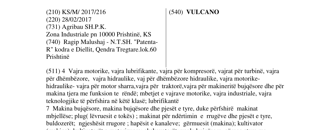 Zëri i markës VULCANO në buletin